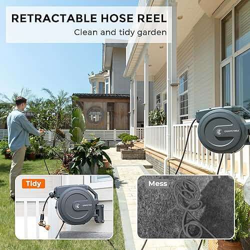 Giraffe Tools Retractable Garden Hose Reel 1/2 Inch x 130 ft, Super Heavy Duty, Any Length Lock, Slow Return System, Wall Mounted and 180 Deg Swivel Bracket - Image 2