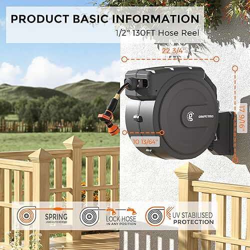 Giraffe Tools Retractable Garden Hose Reel 1/2 Inch x 130 ft, Super Heavy Duty, Any Length Lock, Slow Return System, Wall Mounted and 180 Deg Swivel Bracket - Image 7