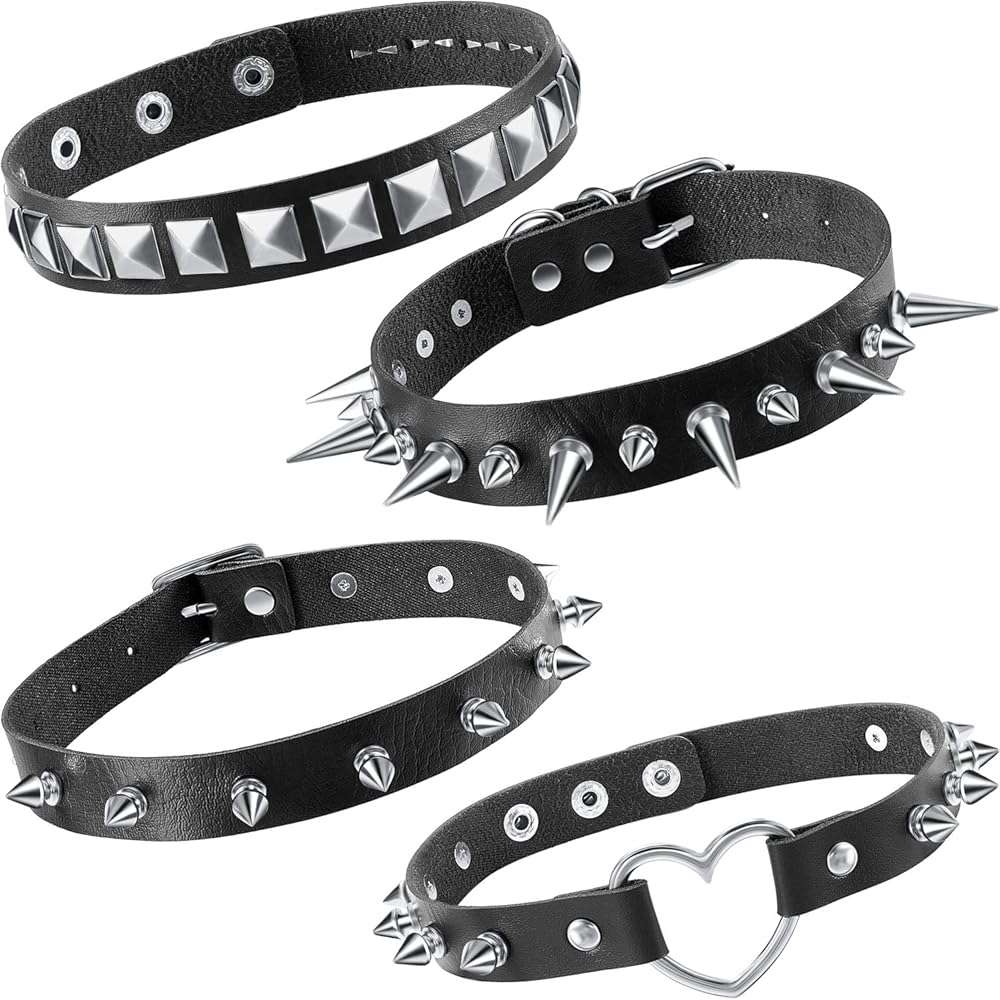 Hicarer 4 Pcs Women Men Cool Punk Choker Gothic Goth Spike Heart Shape Biker Choker PU Leather Collar Studded Rock Necklace (Black) - Image 1