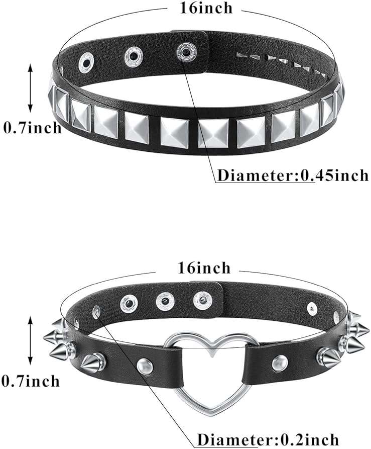 Hicarer 4 Pcs Women Men Cool Punk Choker Gothic Goth Spike Heart Shape Biker Choker PU Leather Collar Studded Rock Necklace (Black) - Image 3