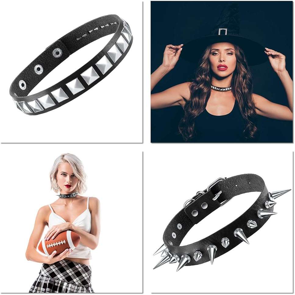 Hicarer 4 Pcs Women Men Cool Punk Choker Gothic Goth Spike Heart Shape Biker Choker PU Leather Collar Studded Rock Necklace (Black) - Image 5