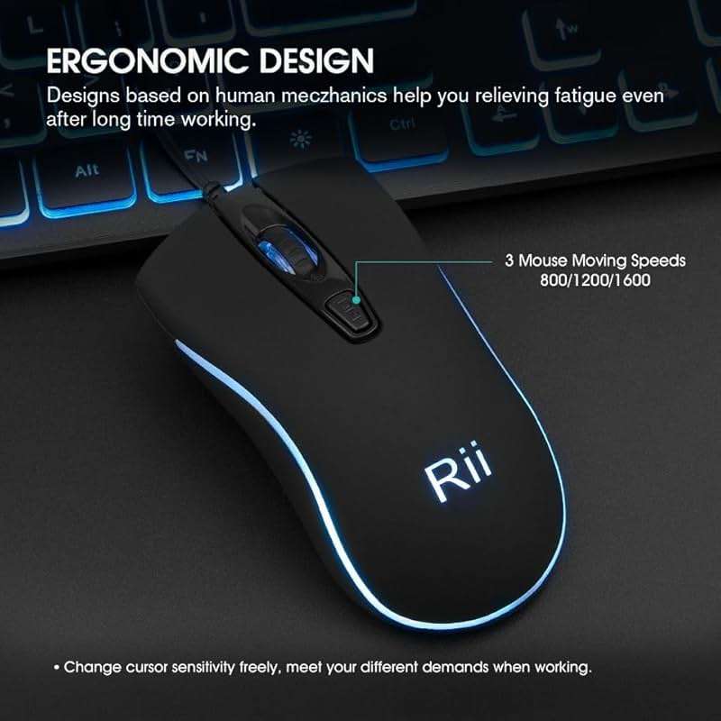 Rii Three Colors Backlit Keyboard and Mouse, Wired Keyboard and Mouse Combo, USB Keyboard and Mouse Set,Quiet Input Gaming Keyboard,Optical RGB Mouse for School,Office,Business and Gaming - Image 3