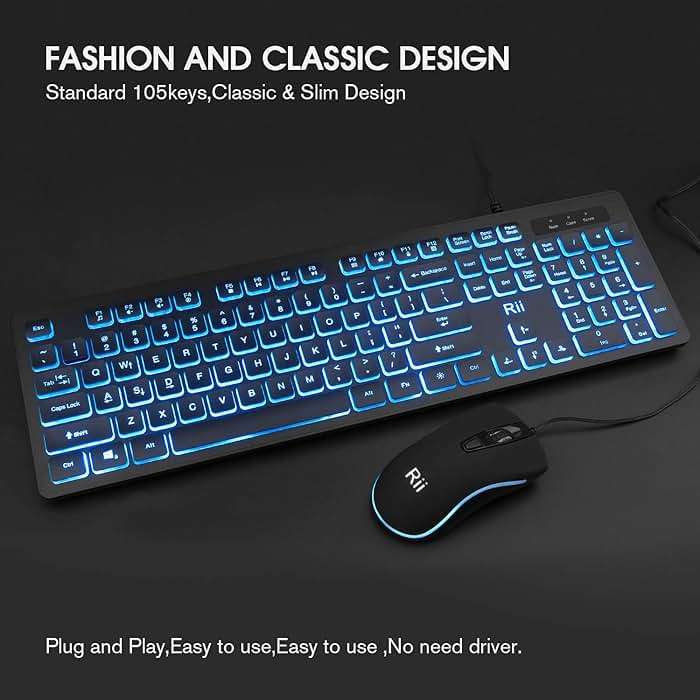 Rii Three Colors Backlit Keyboard and Mouse, Wired Keyboard and Mouse Combo, USB Keyboard and Mouse Set,Quiet Input Gaming Keyboard,Optical RGB Mouse for School,Office,Business and Gaming - Image 4