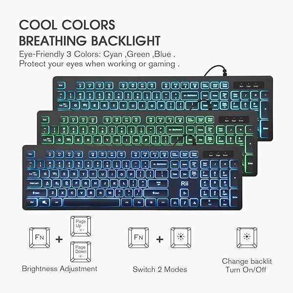 Rii Three Colors Backlit Keyboard and Mouse, Wired Keyboard and Mouse Combo, USB Keyboard and Mouse Set,Quiet Input Gaming Keyboard,Optical RGB Mouse for School,Office,Business and Gaming - Image 6