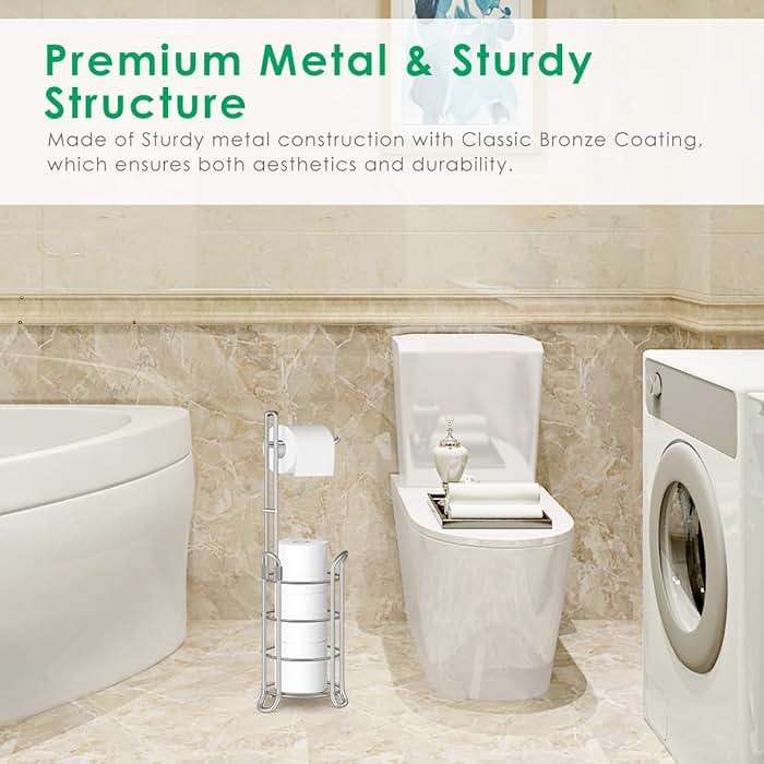 TomCare Toilet Paper Holder Toilet Paper Stand Free-Standing Toilet Tissue Paper Roll Bathroom Storage Shelf and Dispenser for 3 Spare Rolls Metal Wire Bathroom Accessories Storage Organizer - Image 6