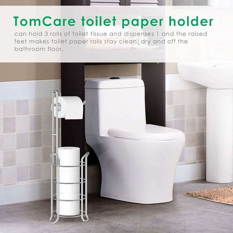TomCare Toilet Paper Holder Toilet Paper Stand Free-Standing Toilet Tissue Paper Roll Bathroom Storage Shelf and Dispenser for 3 Spare Rolls Metal Wire Bathroom Accessories Storage Organizer - Image 7