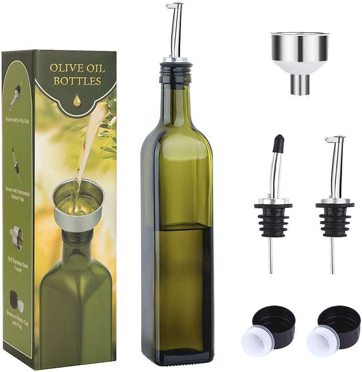 AOZITA 17oz Glass Olive Oil Bottle Dispenser - 500ml Green Oil and Vinegar Cruet with Pourers and Funnel - Olive Oil Carafe Decanter for Kitchen - Image 1