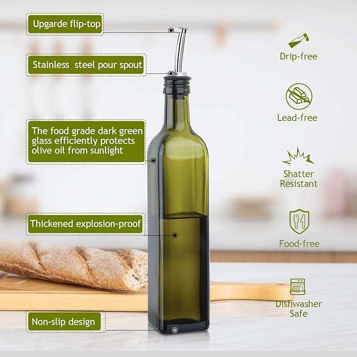 AOZITA 17oz Glass Olive Oil Bottle Dispenser - 500ml Green Oil and Vinegar Cruet with Pourers and Funnel - Olive Oil Carafe Decanter for Kitchen - Image 3