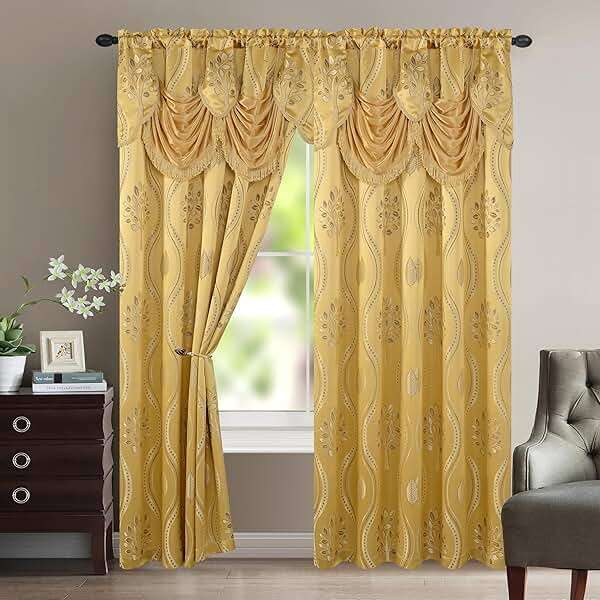 Elegant Comfort Aurora Jacquard Look Curtain Panel Set with Attached Valance 54" X 84 inch (Set of 2), Gold - Image 1