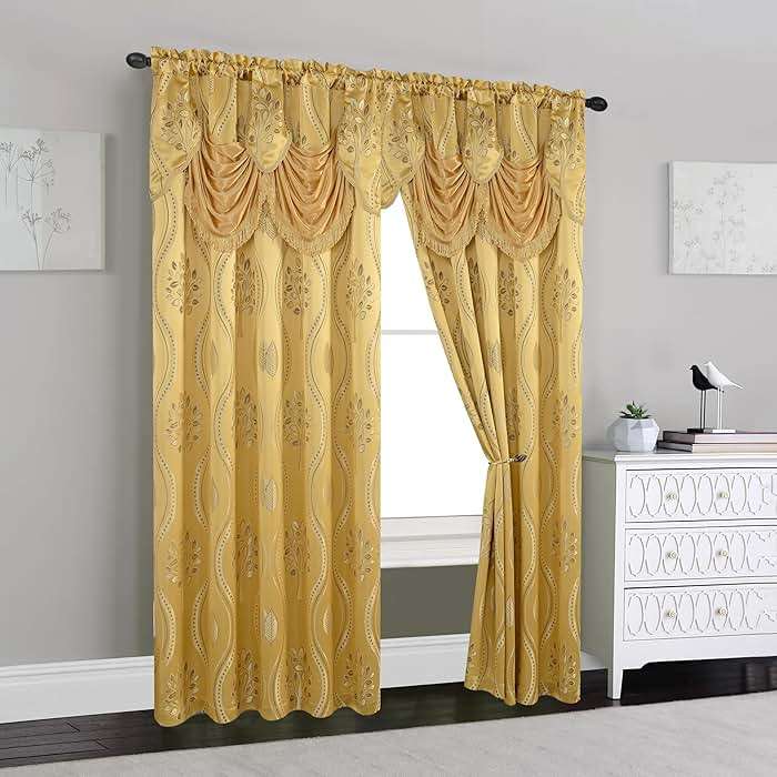 Elegant Comfort Aurora Jacquard Look Curtain Panel Set with Attached Valance 54" X 84 inch (Set of 2), Gold - Image 3