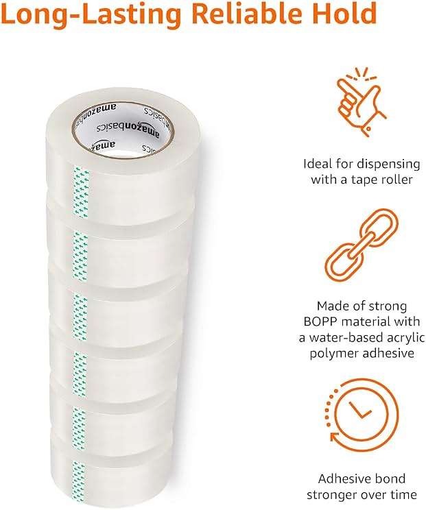 Amazon Basics Strong Adhesive Packing Tape for Moving Boxes, Shipping and Sealing, Clear, 1.88" x 109 Yards, 6-Pack, Total 654 Yards - Image 6