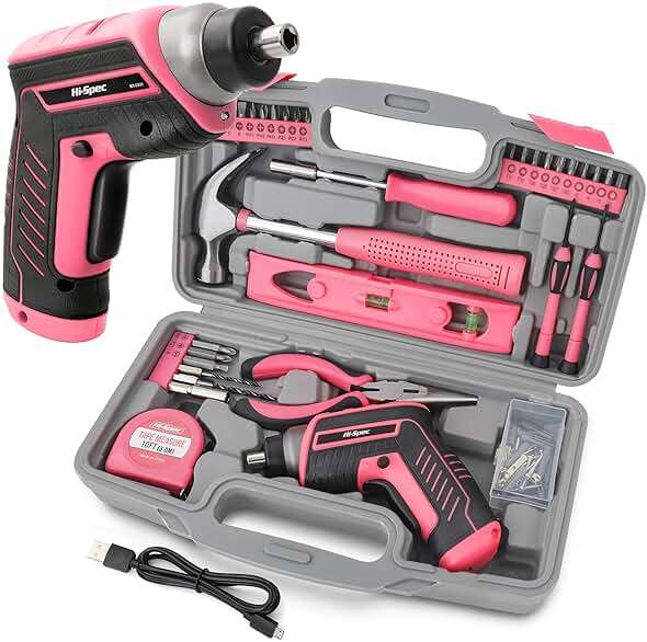 Hi-Spec 35-Piece Tool Kit with 3.6V USB Small Electric Screwdriver Set, Pink Drill Set for Women, Tool Kit for Home - Image 1