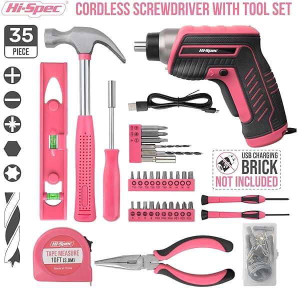 Hi-Spec 35-Piece Tool Kit with 3.6V USB Small Electric Screwdriver Set, Pink Drill Set for Women, Tool Kit for Home - Image 2