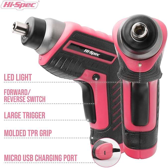 Hi-Spec 35-Piece Tool Kit with 3.6V USB Small Electric Screwdriver Set, Pink Drill Set for Women, Tool Kit for Home - Image 3