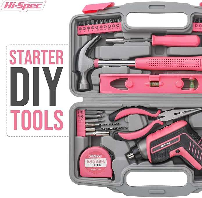 Hi-Spec 35-Piece Tool Kit with 3.6V USB Small Electric Screwdriver Set, Pink Drill Set for Women, Tool Kit for Home - Image 4