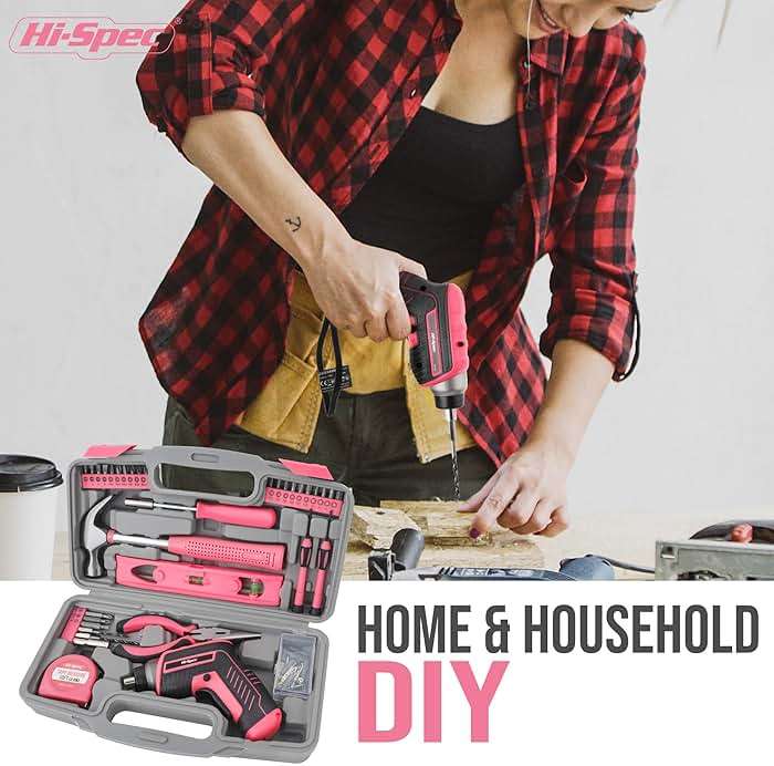 Hi-Spec 35-Piece Tool Kit with 3.6V USB Small Electric Screwdriver Set, Pink Drill Set for Women, Tool Kit for Home - Image 6