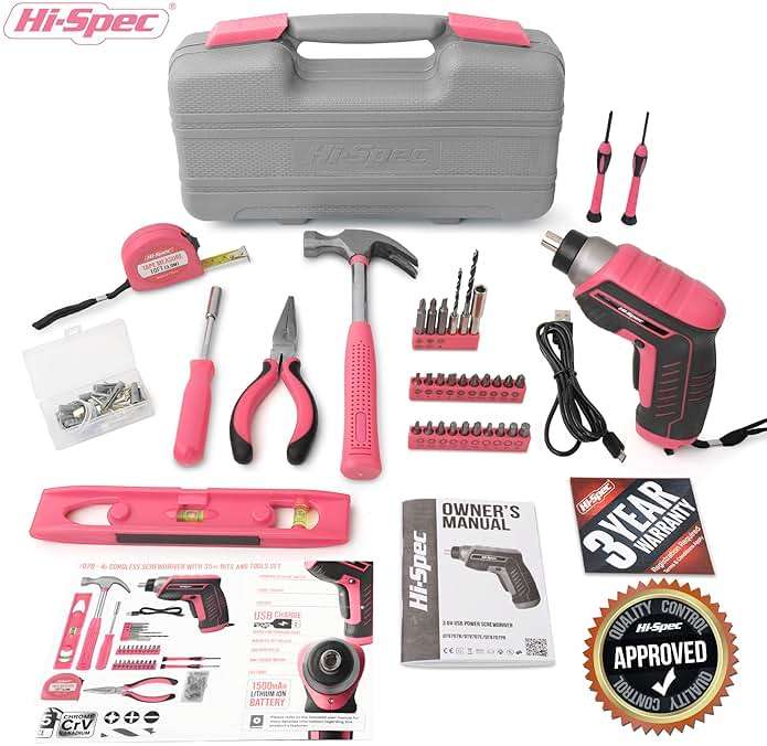 Hi-Spec 35-Piece Tool Kit with 3.6V USB Small Electric Screwdriver Set, Pink Drill Set for Women, Tool Kit for Home - Image 7