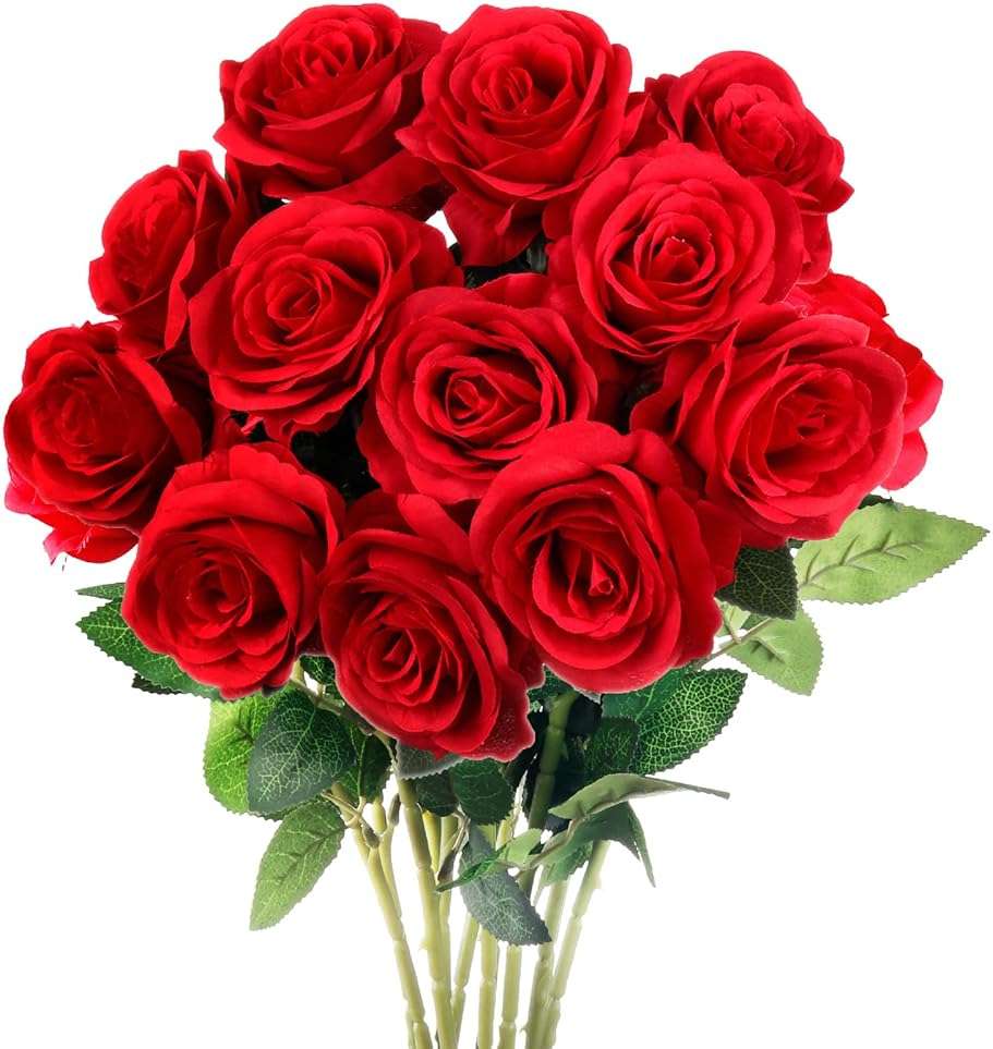 Mocoosy 12PCS Red Roses Artificial Flowers, Fake Roses with Long Stems Realistic Silk Rose Bouquets for Wedding Centerpiece Decorations, Faux Floral Arrangements Bridal Shower Party Home Table Decor - Image 1