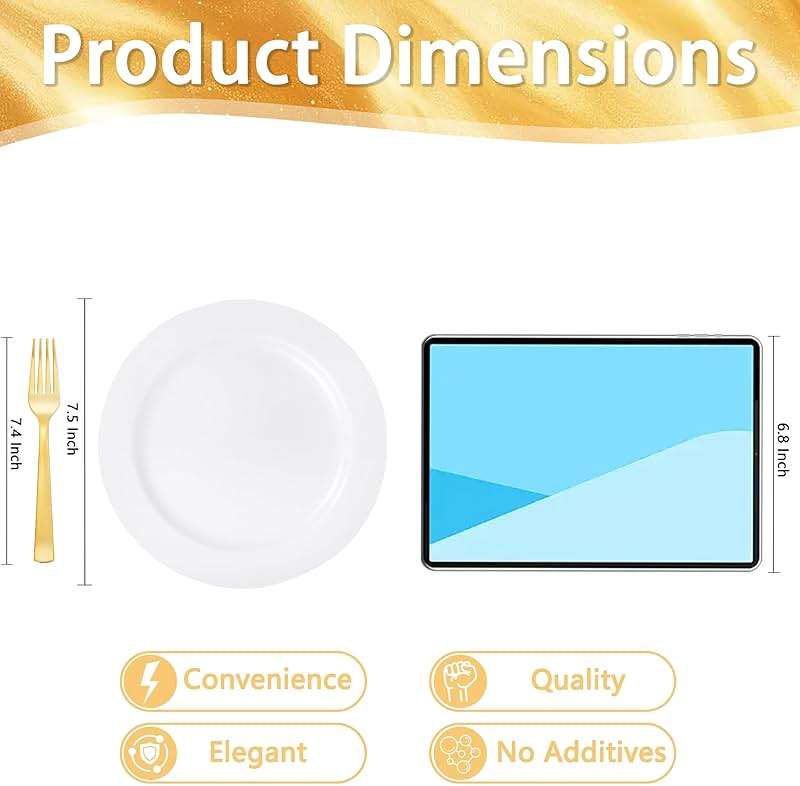 WELLIFE 100PCS White Plastic Dessert Plates and 100PCS Gold Disposable Forks, Premium Hard Dessert Plate 7.5”, Appetizer Plastic Plates for Party and Wedding - Image 3