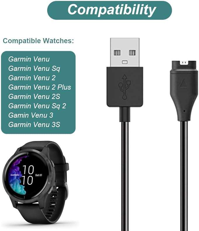 Kissmart Charger for Garmin Venu/Venu Sq/Venu 2/Venu 2 Plus/Venu 2S/Venu Sq 2/Venu 3/Venu 3S, Replacement Charging Cable Cord Plus a Black Silicone Charger Port Protector Anti Dust Plug (3.3ft/1m) - Image 2