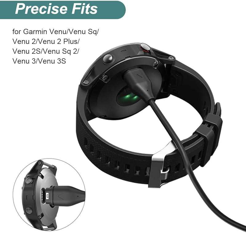 Kissmart Charger for Garmin Venu/Venu Sq/Venu 2/Venu 2 Plus/Venu 2S/Venu Sq 2/Venu 3/Venu 3S, Replacement Charging Cable Cord Plus a Black Silicone Charger Port Protector Anti Dust Plug (3.3ft/1m) - Image 3