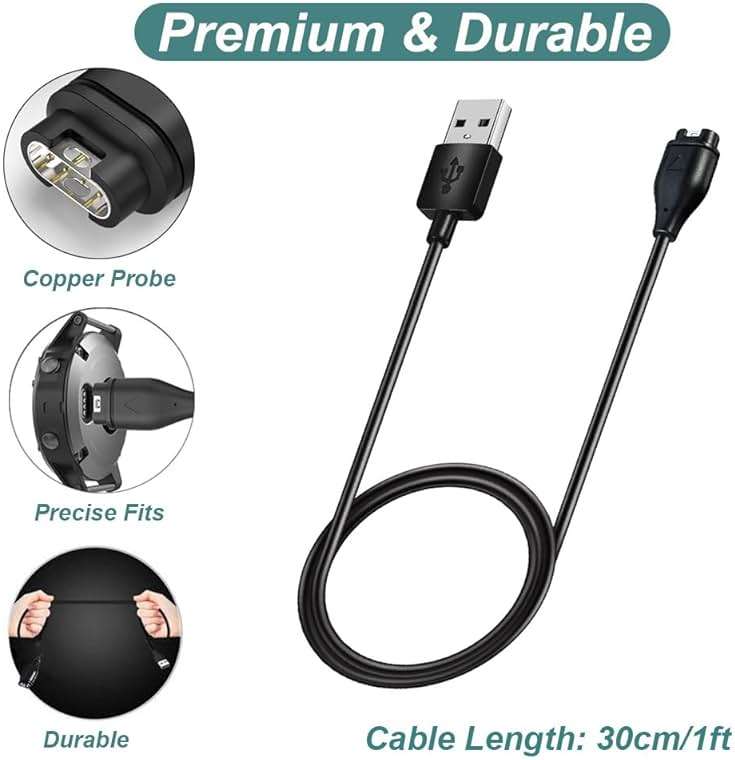 Kissmart Charger for Garmin Venu/Venu Sq/Venu 2/Venu 2 Plus/Venu 2S/Venu Sq 2/Venu 3/Venu 3S, Replacement Charging Cable Cord Plus a Black Silicone Charger Port Protector Anti Dust Plug (3.3ft/1m) - Image 4