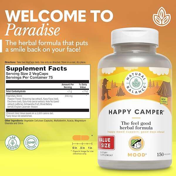 Natural Balance Happy Camper - Feel-Good Mood Support Supplement - Gotu Kola, Passion Flower, and Kava Kava Capsules - 60-Day Guarantee - 75 Servings, 150 VegCaps - Image 2
