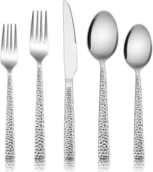 E-far Hammered Silverware Set, 40-Piece Stainless Steel Square Flatware Set for 8, Metal Tableware Cutlery Set Includes Dinner Knives/Forks/Spoons, Modern Design & Mirror Polished - Dishwasher Safe - Image 1