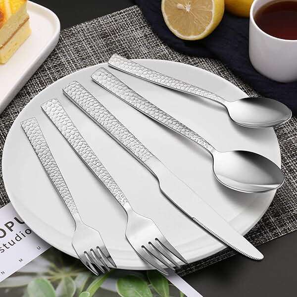 E-far Hammered Silverware Set, 40-Piece Stainless Steel Square Flatware Set for 8, Metal Tableware Cutlery Set Includes Dinner Knives/Forks/Spoons, Modern Design & Mirror Polished - Dishwasher Safe - Image 2