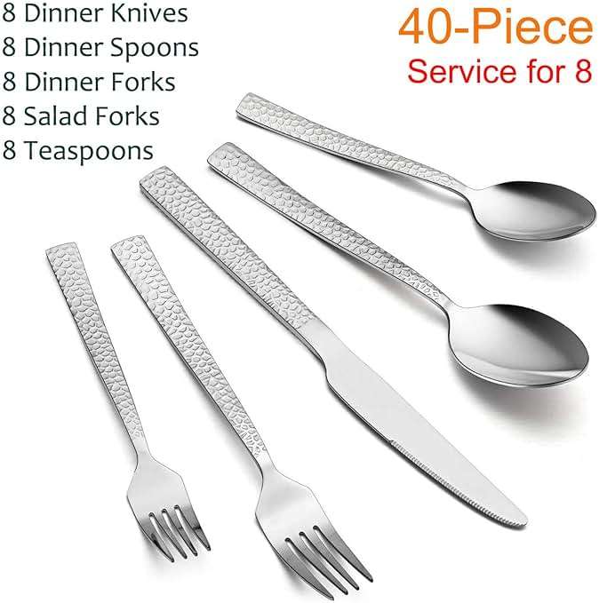 E-far Hammered Silverware Set, 40-Piece Stainless Steel Square Flatware Set for 8, Metal Tableware Cutlery Set Includes Dinner Knives/Forks/Spoons, Modern Design & Mirror Polished - Dishwasher Safe - Image 3