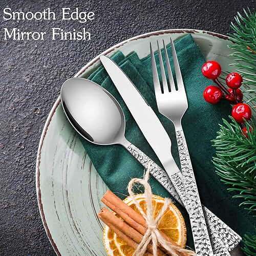 E-far Hammered Silverware Set, 40-Piece Stainless Steel Square Flatware Set for 8, Metal Tableware Cutlery Set Includes Dinner Knives/Forks/Spoons, Modern Design & Mirror Polished - Dishwasher Safe - Image 4