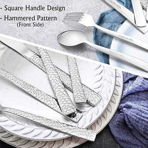 E-far Hammered Silverware Set, 40-Piece Stainless Steel Square Flatware Set for 8, Metal Tableware Cutlery Set Includes Dinner Knives/Forks/Spoons, Modern Design & Mirror Polished - Dishwasher Safe - Image 5