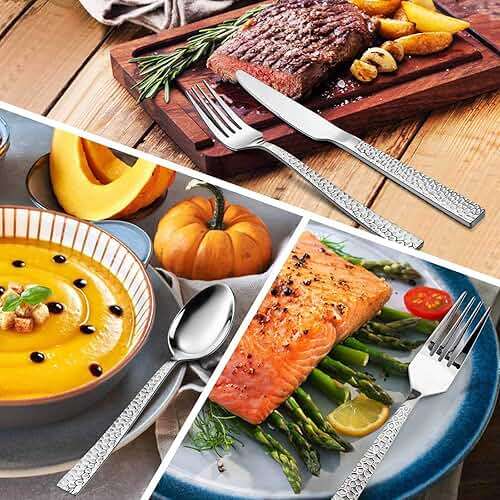 E-far Hammered Silverware Set, 40-Piece Stainless Steel Square Flatware Set for 8, Metal Tableware Cutlery Set Includes Dinner Knives/Forks/Spoons, Modern Design & Mirror Polished - Dishwasher Safe - Image 7