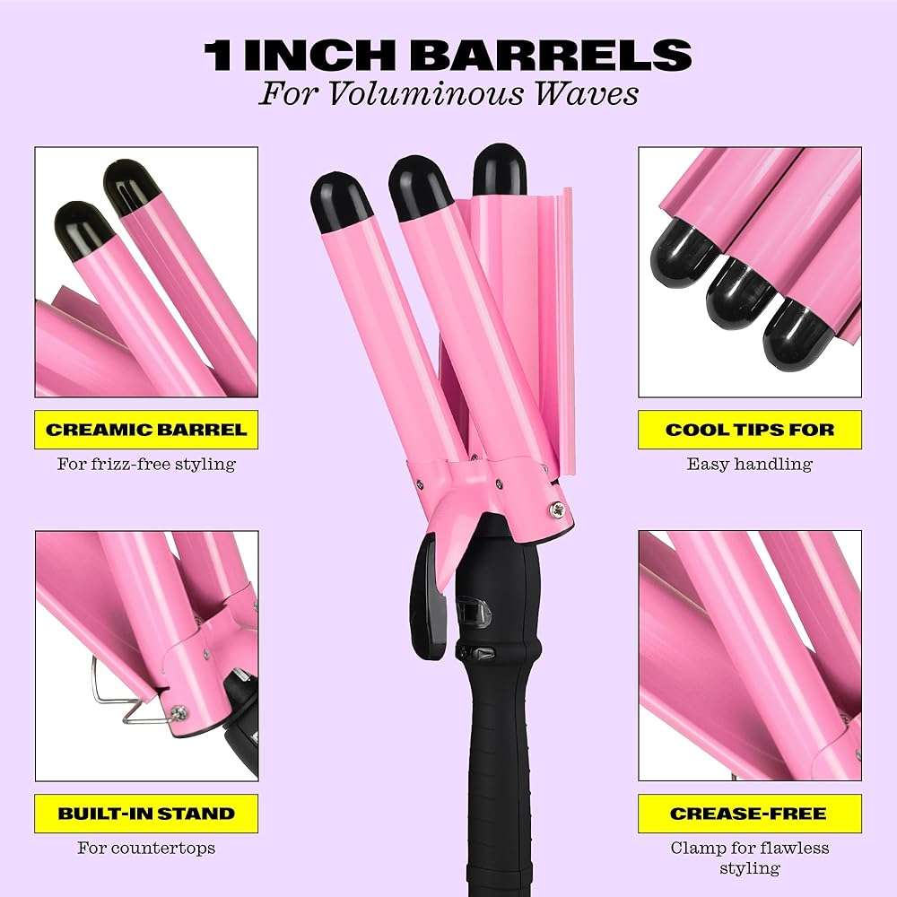Trademark Beauty Three Barrel Hair Waver, Curling Iron, 1 Inch, Beach Waves, Quick Heat, Babe Waves Original, Adjustable Temperature Hair Curler - Pink - Image 3