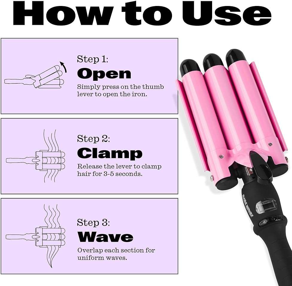 Trademark Beauty Three Barrel Hair Waver, Curling Iron, 1 Inch, Beach Waves, Quick Heat, Babe Waves Original, Adjustable Temperature Hair Curler - Pink - Image 8