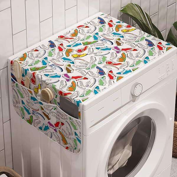Lunarable Retro Washing Machine Organizer, Colorful Sports Shoes Patterns Sneakers Drawings Young Teen Footwear Retro Print, Anti-slip Fabric Cover for Washers and Dryers, 47" x 18.5", Multicolor - Image 1