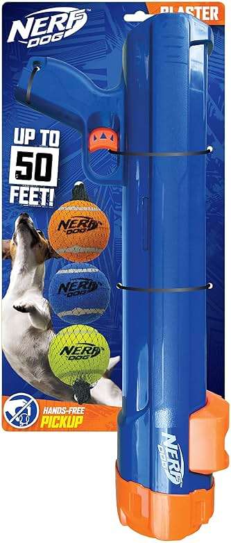 Nerf Dog Large Size Tennis Ball Blaster Dog Toy, Great for Fetch, Hands-Free Reload, Launches up to 50 ft, Single Unit, 20in Blaster with 3 Balls in Mesh Bag, Blue/Orange, Blue, Green and Orange - Image 1