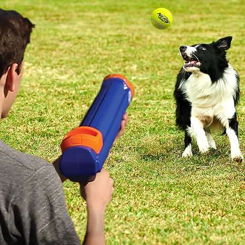Nerf Dog Large Size Tennis Ball Blaster Dog Toy, Great for Fetch, Hands-Free Reload, Launches up to 50 ft, Single Unit, 20in Blaster with 3 Balls in Mesh Bag, Blue/Orange, Blue, Green and Orange - Image 3