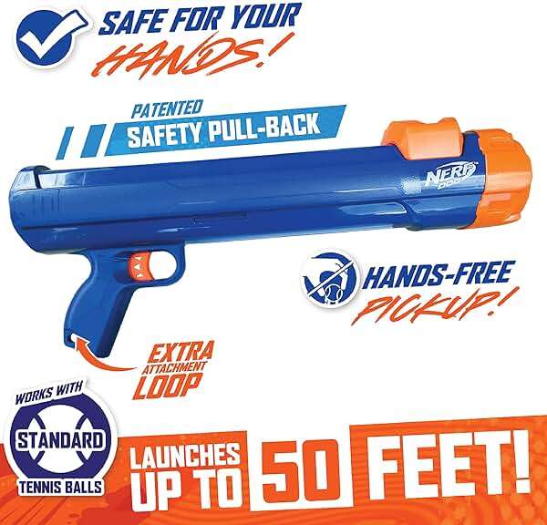 Nerf Dog Large Size Tennis Ball Blaster Dog Toy, Great for Fetch, Hands-Free Reload, Launches up to 50 ft, Single Unit, 20in Blaster with 3 Balls in Mesh Bag, Blue/Orange, Blue, Green and Orange - Image 4
