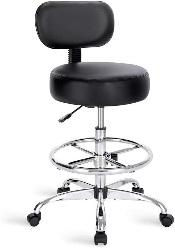 SUPERJARE Drafting Chair with Back, Adjustable Foot Rest Rolling Stool, Multi-Purpose Office Desk Chair, Thick Seat Cushion for Home Bar Kitchen Shop - Black - Image 1
