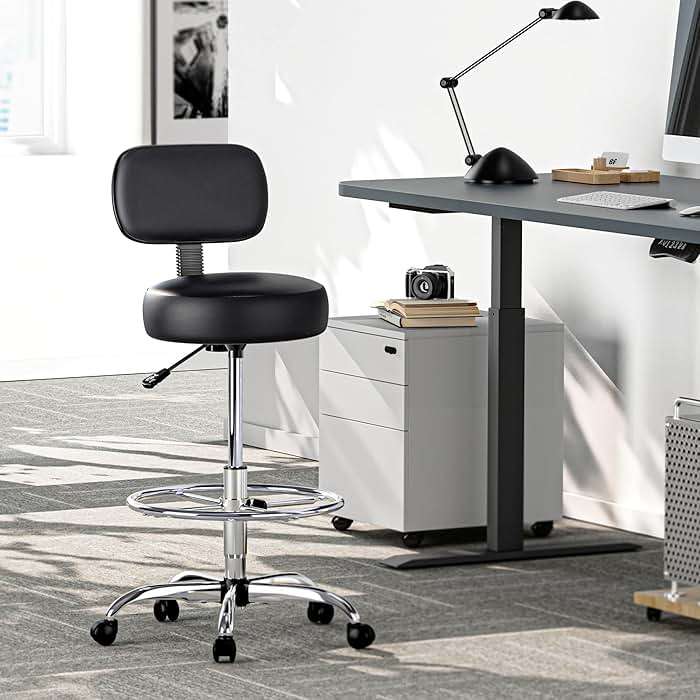 SUPERJARE Drafting Chair with Back, Adjustable Foot Rest Rolling Stool, Multi-Purpose Office Desk Chair, Thick Seat Cushion for Home Bar Kitchen Shop - Black - Image 2