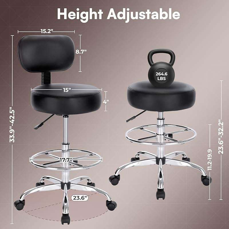 SUPERJARE Drafting Chair with Back, Adjustable Foot Rest Rolling Stool, Multi-Purpose Office Desk Chair, Thick Seat Cushion for Home Bar Kitchen Shop - Black - Image 3