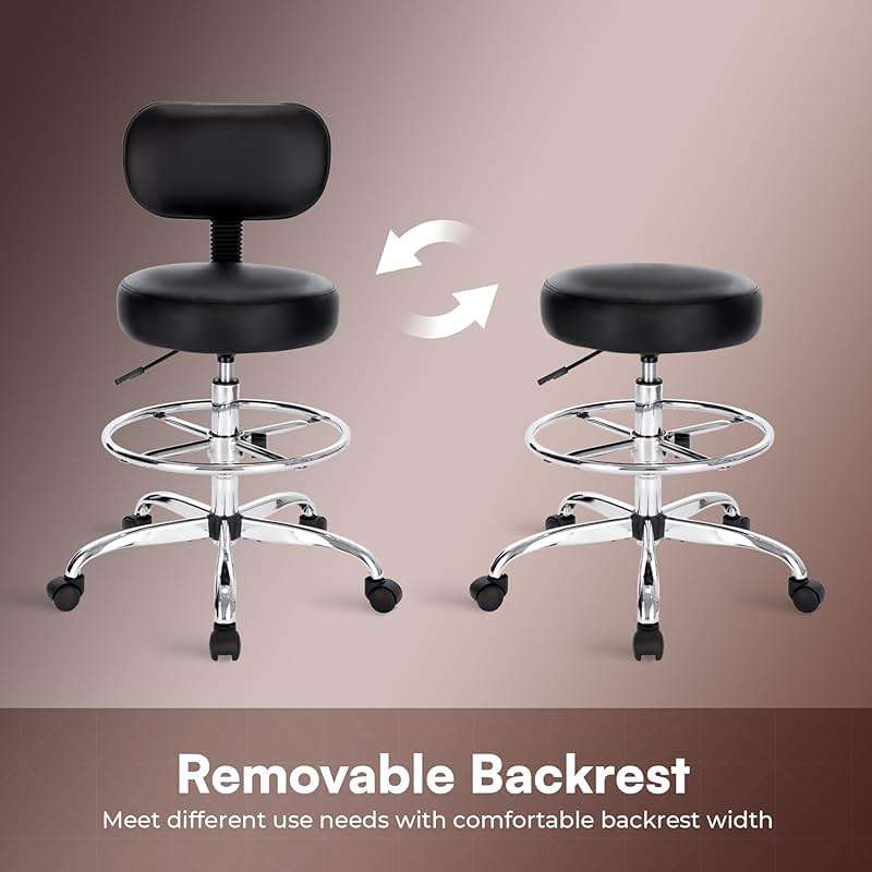 SUPERJARE Drafting Chair with Back, Adjustable Foot Rest Rolling Stool, Multi-Purpose Office Desk Chair, Thick Seat Cushion for Home Bar Kitchen Shop - Black - Image 5