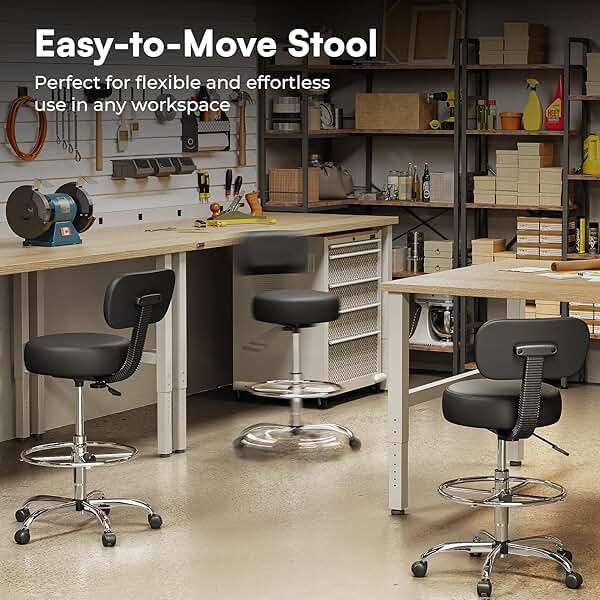 SUPERJARE Drafting Chair with Back, Adjustable Foot Rest Rolling Stool, Multi-Purpose Office Desk Chair, Thick Seat Cushion for Home Bar Kitchen Shop - Black - Image 6