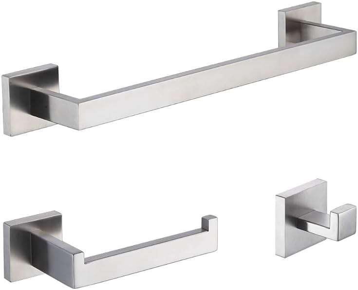 TASTOS 3-Piece Bathroom Hardware Set Brushed Nickel Wall Mounted Bathroom Accessory Set, Premium Stainless Steel Robe Hook Toilet Paper Holder 16-Inch Towel Bar (Silver) - Image 1