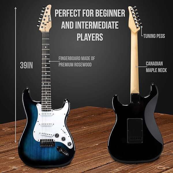 LyxPro 39 inch Electric Guitar Kit Bundle with 20w Amplifier, All Accessories, Digital Clip On Tuner, Six Strings, Two Picks, Tremolo Bar, Shoulder Strap, Case Bag Starter kit Full Size - Blue - Image 3