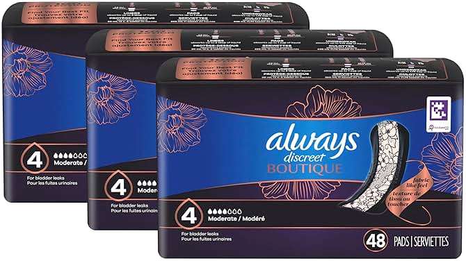 Always Discreet Boutique Incontinence Pads, for Bladder Leaks, Moderate Absorbency, Regular Length, 144 Count (3 Packs of 48) - Image 9