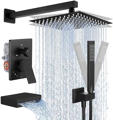 KES Shower System with Tub Spout, Matte Black Shower Faucet Set Complete 10 Inch Rain Shower Head with Handheld Spray and Waterfall Bathtub, cUPC Pressure Balance Shower Valve Trim Kit, XB6305F18-BK - Image 1