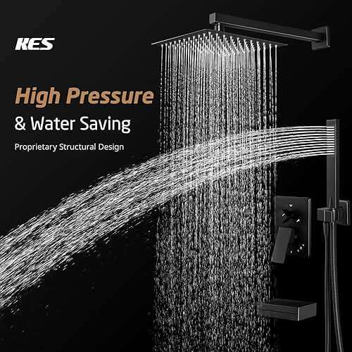KES Shower System with Tub Spout, Matte Black Shower Faucet Set Complete 10 Inch Rain Shower Head with Handheld Spray and Waterfall Bathtub, cUPC Pressure Balance Shower Valve Trim Kit, XB6305F18-BK - Image 7