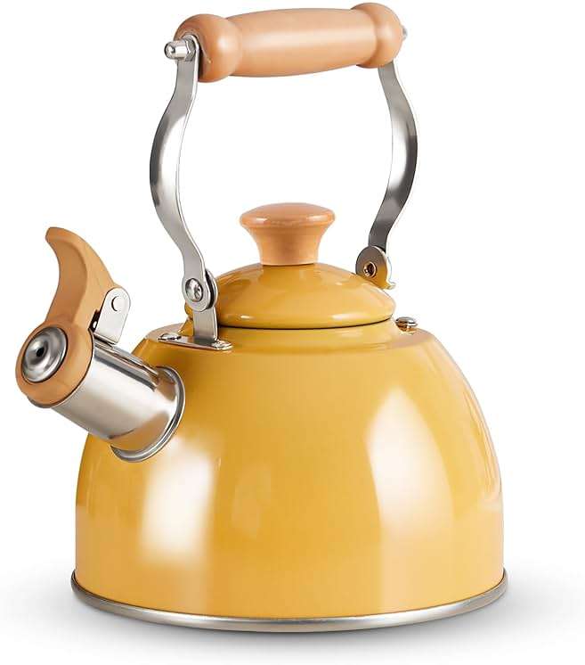 ROCKURWOK Tea Kettle, Tea Pot with Cool Touch Ergonomic Handle, Teapot Food Grade Stainless Steel, Tea Kettle Stovetop, Kettle Teapot, Whistling Tea Kettle, Small Tea Kettles, 1.6 Quart (Yellow) - Image 1